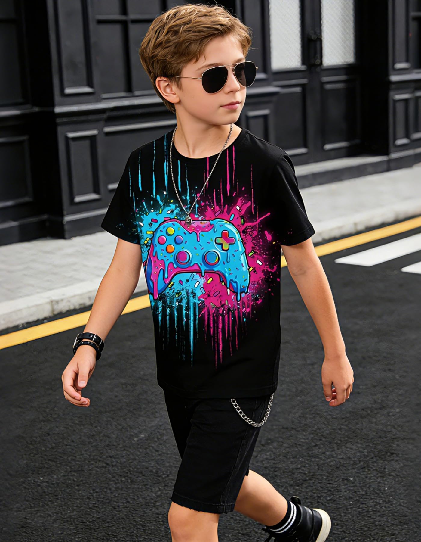 Boys Girls Neon Shirt Short Sleeve Cool 3D Graphic Print Neon Game Summer Tees Tops for 8-12 Years