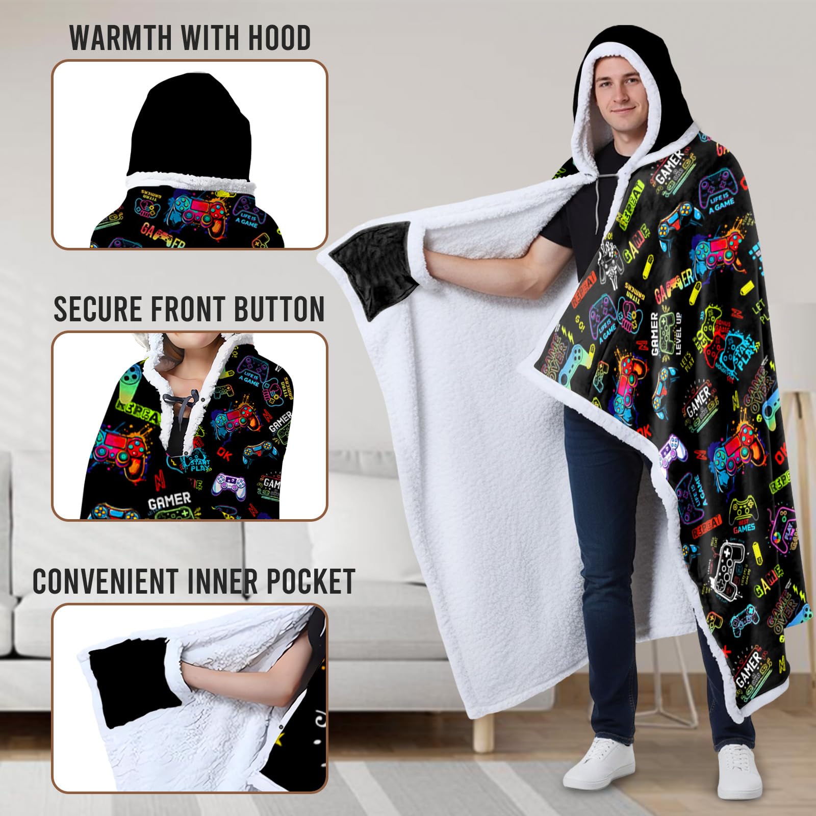 Gaming Gifts for Gamers, Cool Wearable Blanket Hoodie for Men Teen Son Dad, Oversized Hoodie Blanket Gifts for Game Player, Gifts for Birthday Valentines Day Christmas