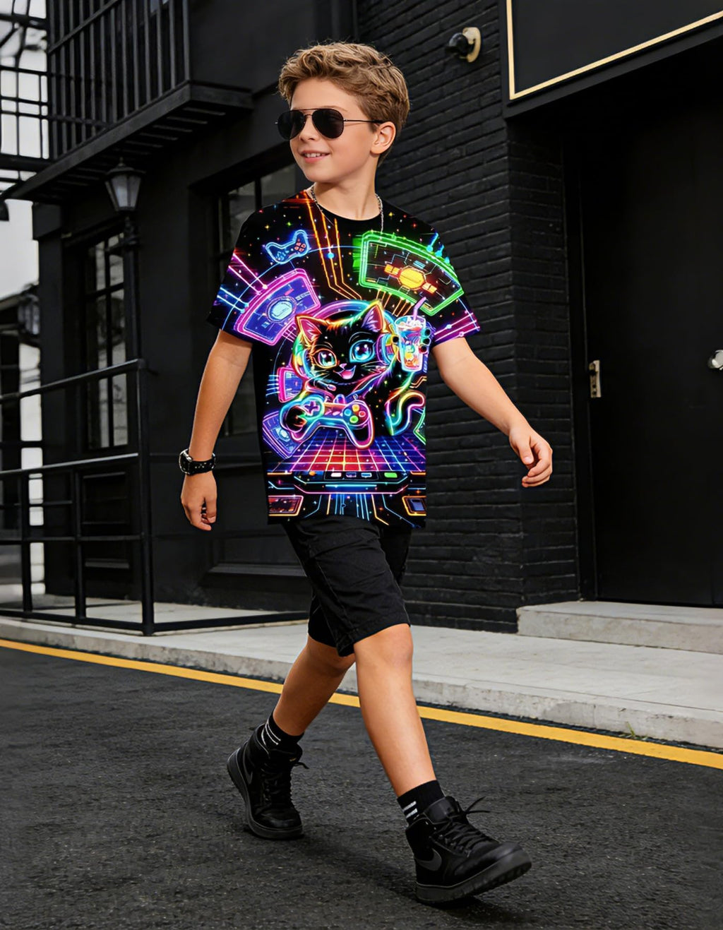 Boys Girls Neon Shirt Short Sleeve Cool 3D Graphic Print Neon Game Summer Tees Tops for 8-12 Years