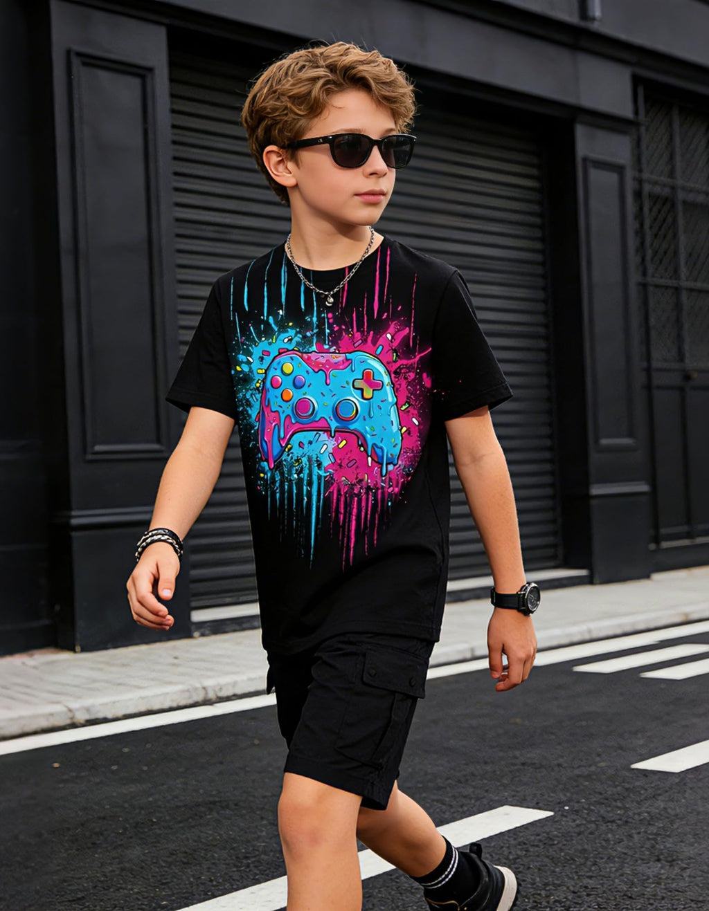 Boys Girls Neon Shirt Short Sleeve Cool 3D Graphic Print Neon Game Summer Tees Tops for 8-12 Years
