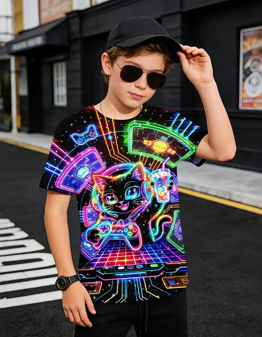 Boys Girls Neon Shirt Short Sleeve Cool 3D Graphic Print Neon Game Summer Tees Tops for 8-12 Years