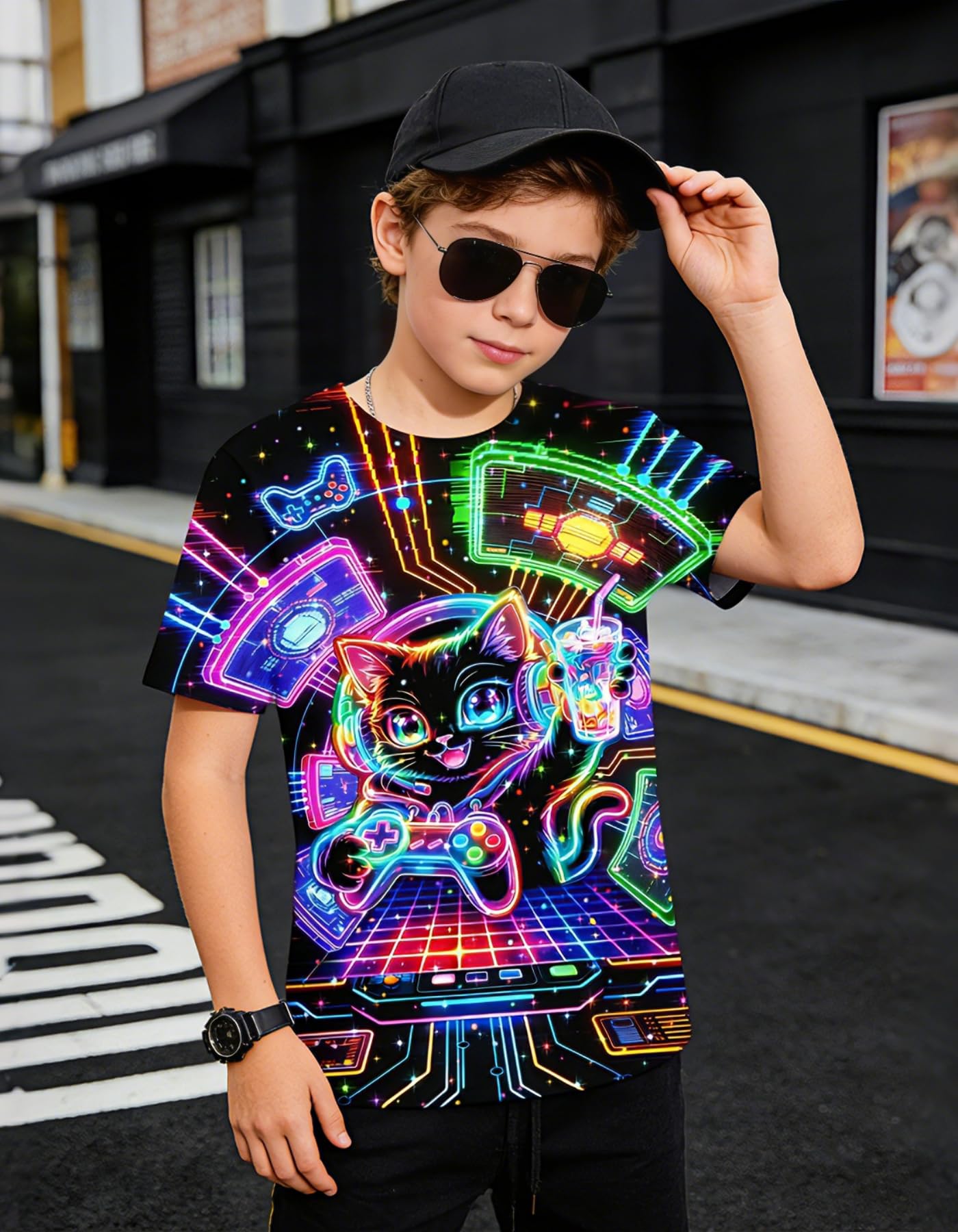 Boys Girls Neon Shirt Short Sleeve Cool 3D Graphic Print Neon Game Summer Tees Tops for 8-12 Years