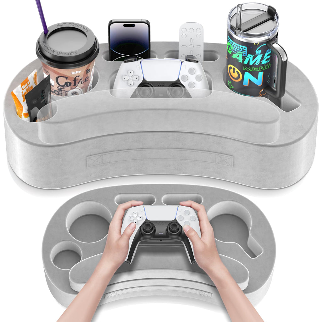Couch Cup Holder Pillow with 6 Slots, Couch Organizer Caddy & Buddy with Customized Game Controller Hole & Armrest Pads, Removable & Washable Drink Pillow Gamer Gift for Remote, Phone, Snack