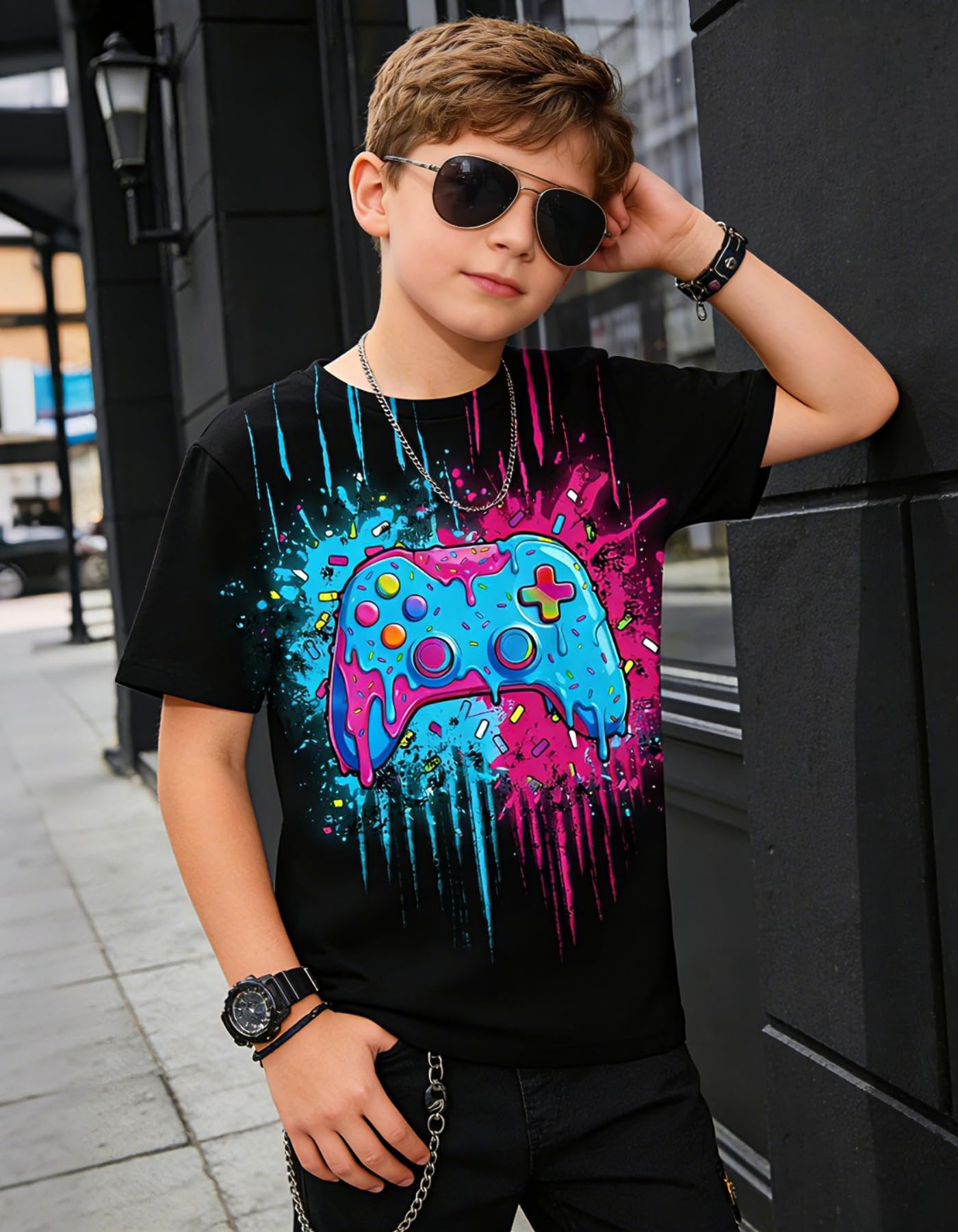 Boys Girls Neon Shirt Short Sleeve Cool 3D Graphic Print Neon Game Summer Tees Tops for 8-12 Years