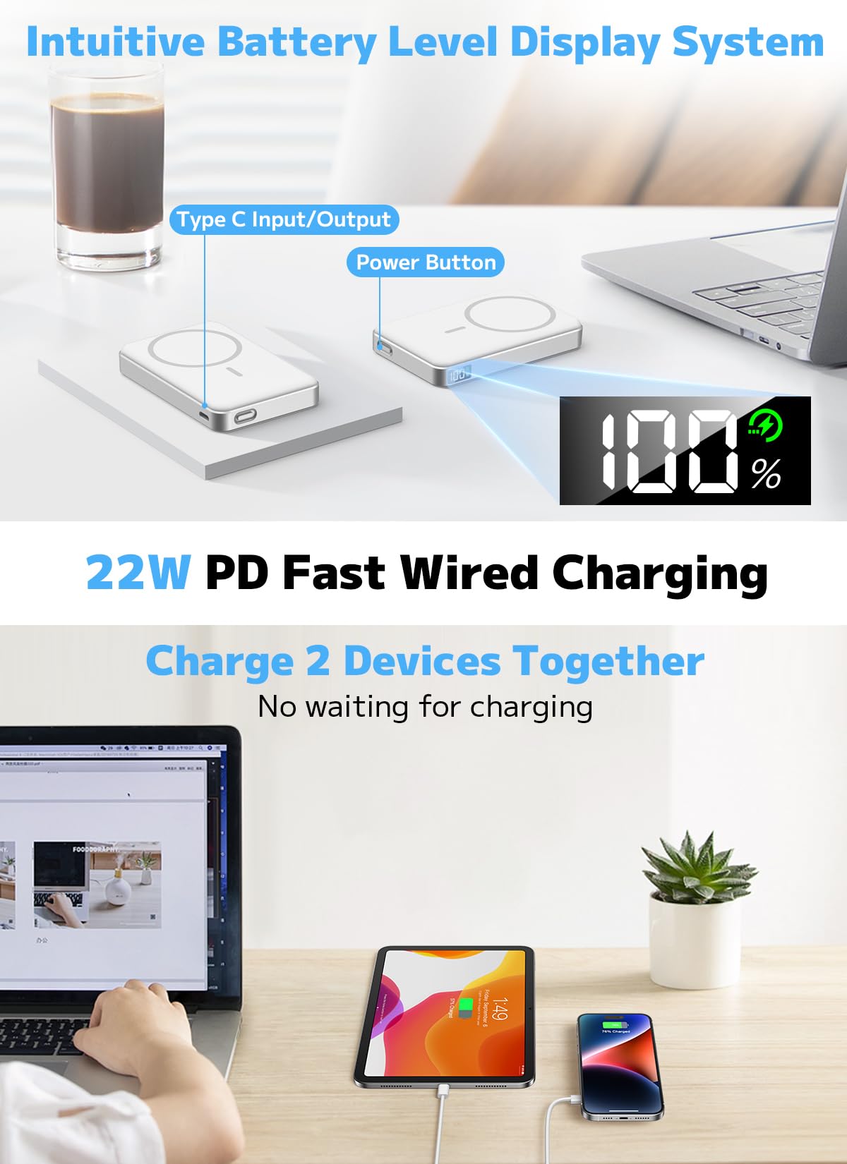 for Magsafe Portable Charger, Power Bank, 10000mAh Wireless Magnetic with Type-C 20W PD Fast Charging, LED Display for Magsafe Battery Pack,Wireless Portable Charger for iPhone 17/16/15/14 all Series