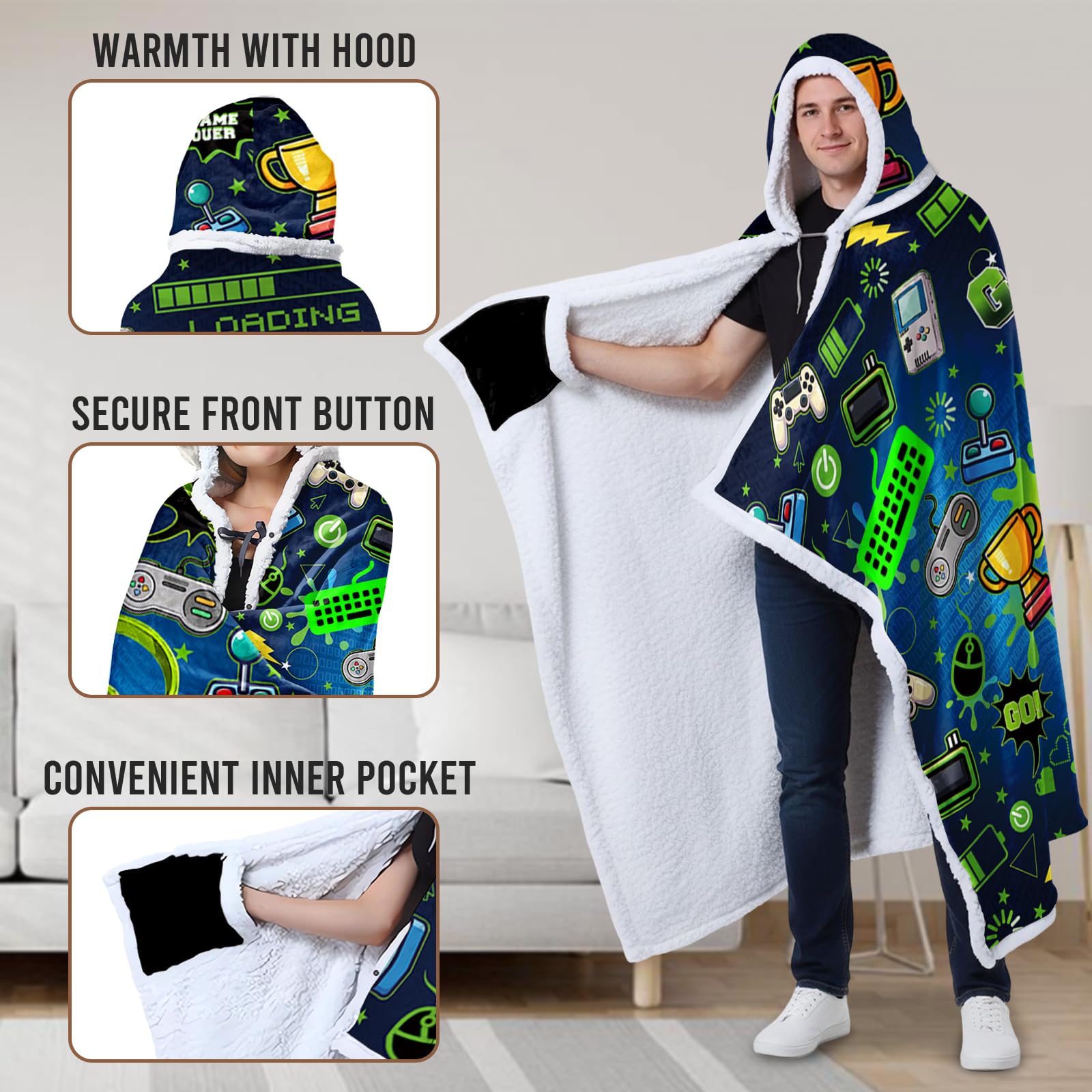 Gaming Gifts for Gamers, Cool Wearable Blanket Hoodie for Men Teen Son Dad, Oversized Hoodie Blanket Gifts for Game Player, Gifts for Birthday Valentines Day Christmas