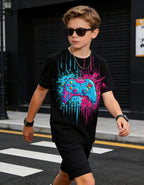 Boys Girls Neon Shirt Short Sleeve Cool 3D Graphic Print Neon Game Summer Tees Tops for 8-12 Years