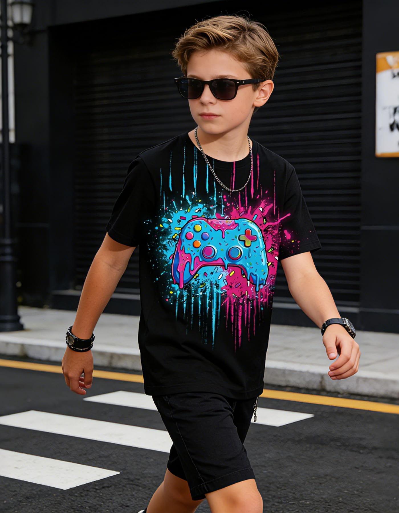 Boys Girls Neon Shirt Short Sleeve Cool 3D Graphic Print Neon Game Summer Tees Tops for 8-12 Years