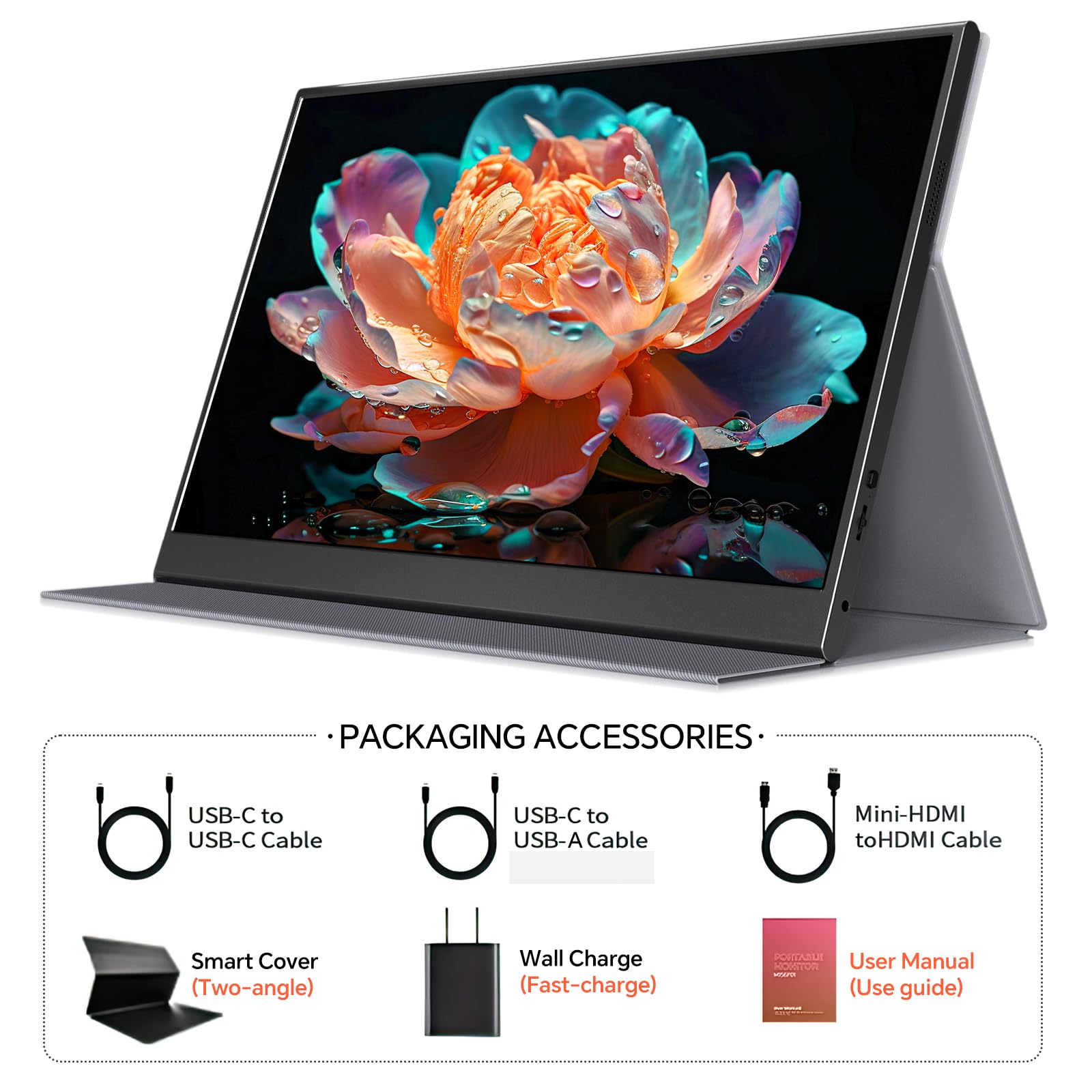 WGK 15.6 inch Portable Monitor 1080P FHD Travel Display HDMI/USB-C Compatible with Laptops, Desktops, Phones, PS, Mac, Xbox, Switch, and Other Gaming Devices Includes Stand and Speakers VESA
