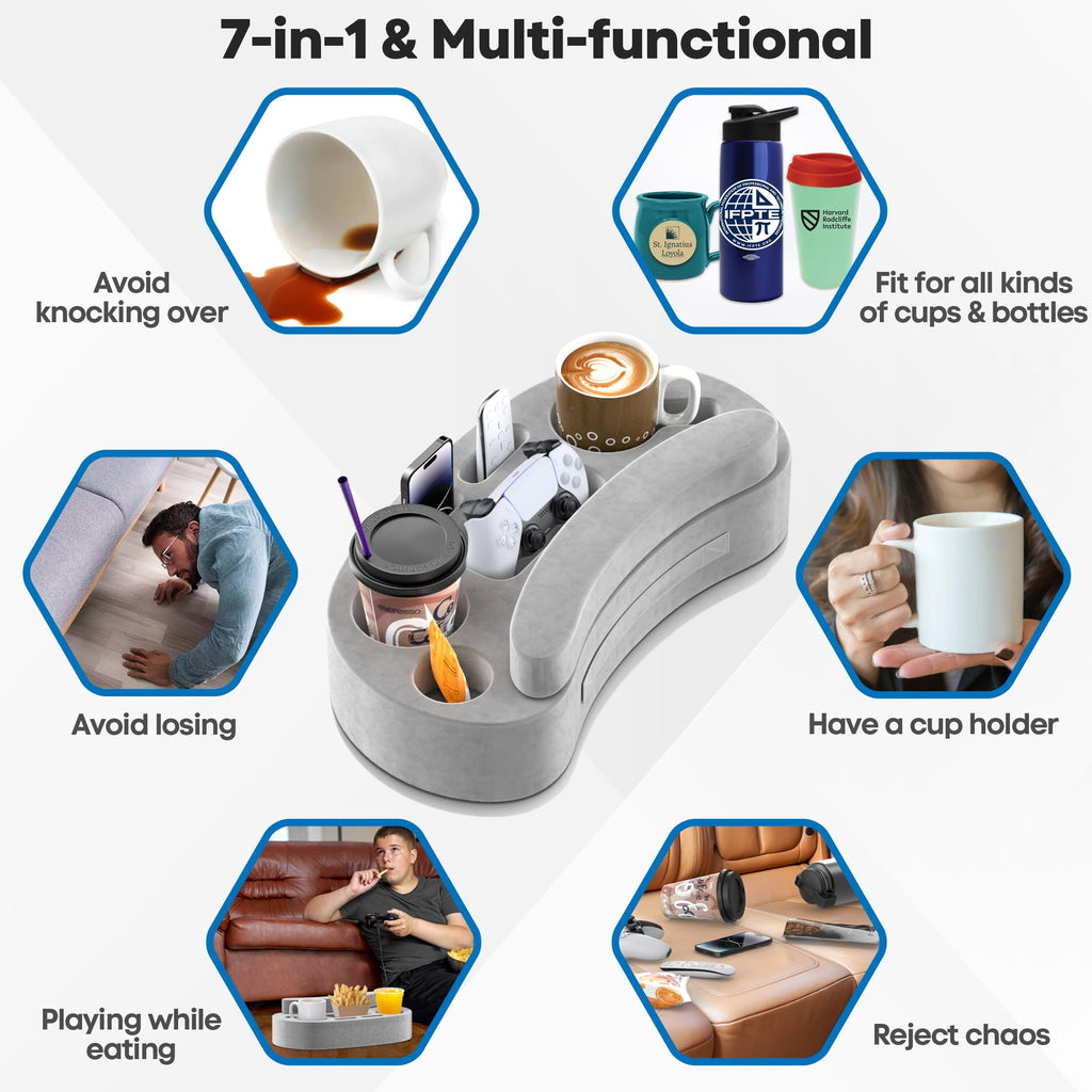 Couch Cup Holder Pillow with 6 Slots, Couch Organizer Caddy & Buddy with Customized Game Controller Hole & Armrest Pads, Removable & Washable Drink Pillow Gamer Gift for Remote, Phone, Snack