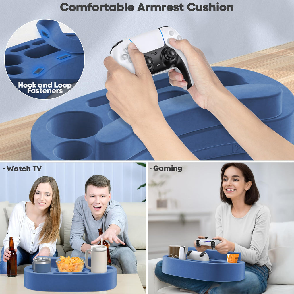 Couch Cup Holder Pillow with 6 Slots, Couch Organizer Caddy & Buddy with Customized Game Controller Hole & Armrest Pads, Removable & Washable Drink Pillow Gamer Gift for Remote, Phone, Snack