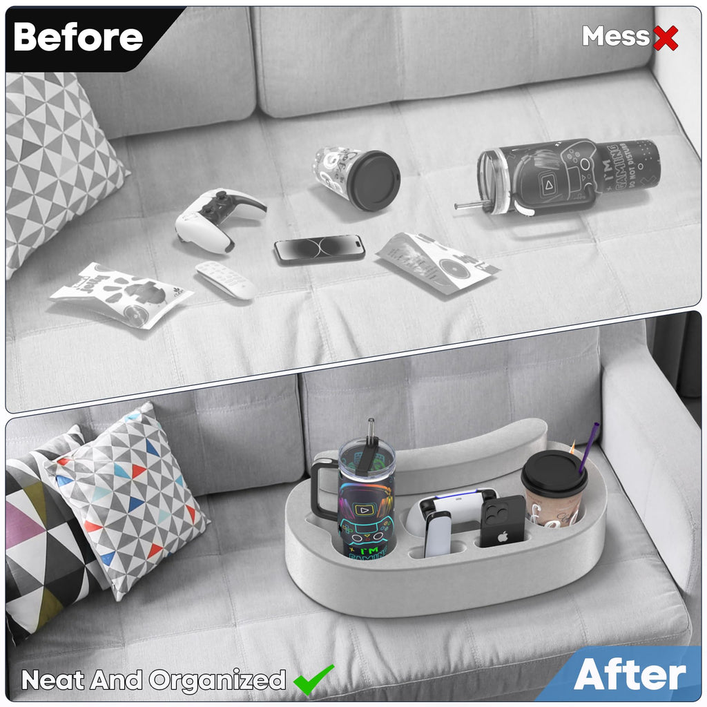 Couch Cup Holder Pillow with 6 Slots, Couch Organizer Caddy & Buddy with Customized Game Controller Hole & Armrest Pads, Removable & Washable Drink Pillow Gamer Gift for Remote, Phone, Snack