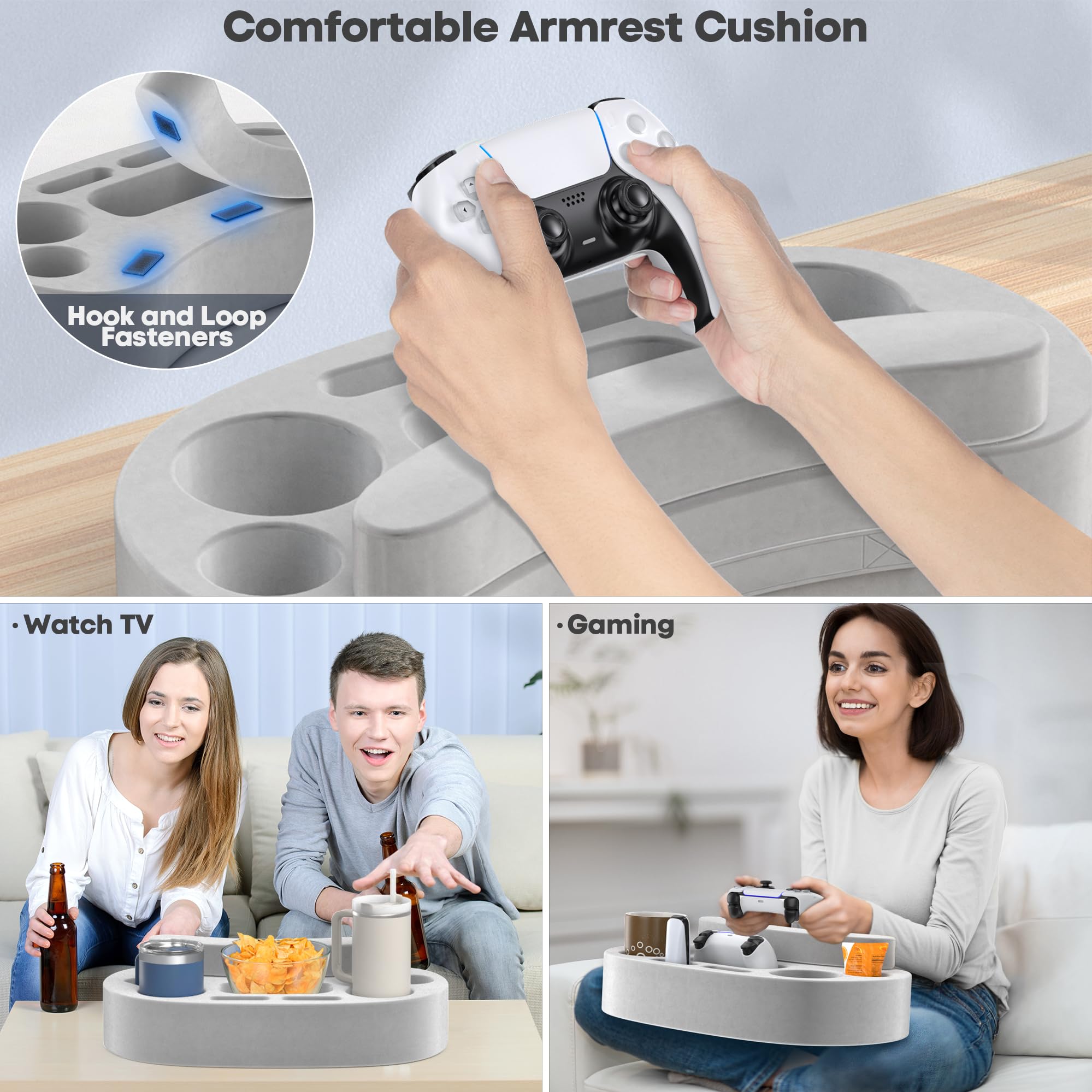 Couch Cup Holder Pillow with 6 Slots, Couch Organizer Caddy & Buddy with Customized Game Controller Hole & Armrest Pads, Removable & Washable Drink Pillow Gamer Gift for Remote, Phone, Snack