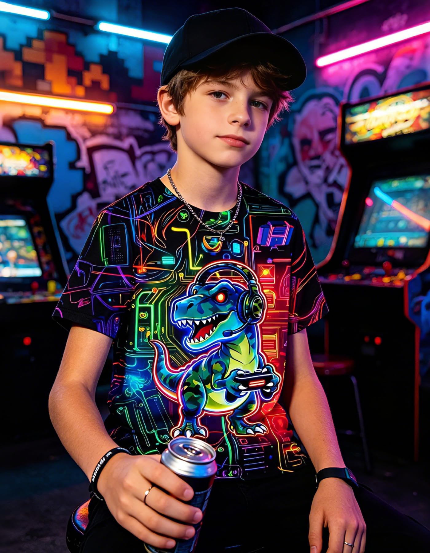 Boys Girls Neon Shirt Short Sleeve Cool 3D Graphic Print Neon Game Summer Tees Tops for 8-12 Years