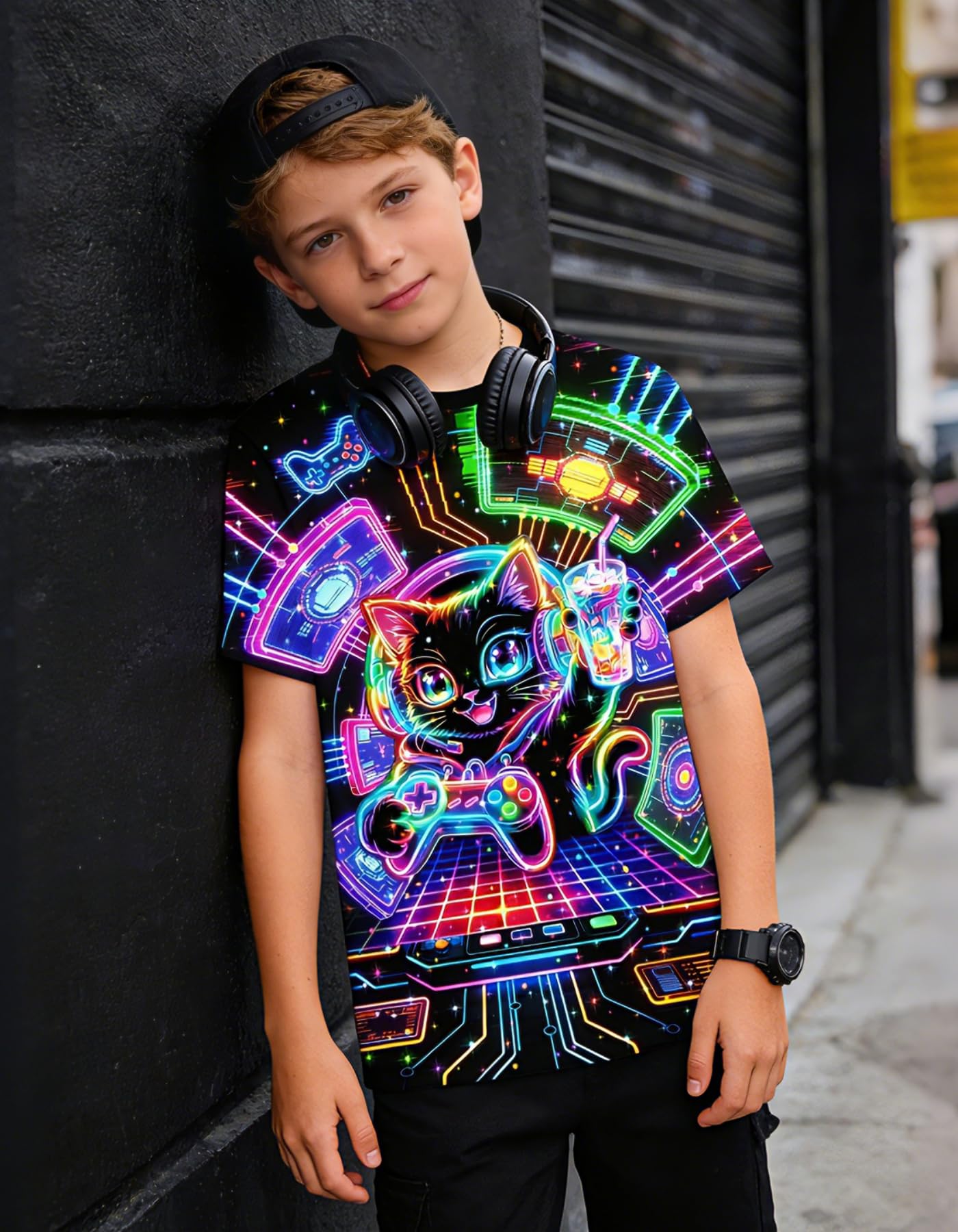 Boys Girls Neon Shirt Short Sleeve Cool 3D Graphic Print Neon Game Summer Tees Tops for 8-12 Years