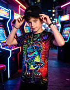 Boys Girls Neon Shirt Short Sleeve Cool 3D Graphic Print Neon Game Summer Tees Tops for 8-12 Years