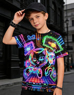 Boys Girls Neon Shirt Short Sleeve Cool 3D Graphic Print Neon Game Summer Tees Tops for 8-12 Years