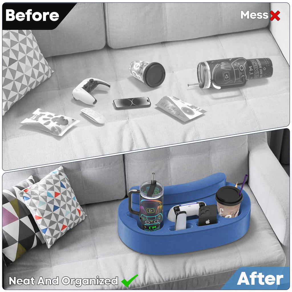 Couch Cup Holder Pillow with 6 Slots, Couch Organizer Caddy & Buddy with Customized Game Controller Hole & Armrest Pads, Removable & Washable Drink Pillow Gamer Gift for Remote, Phone, Snack