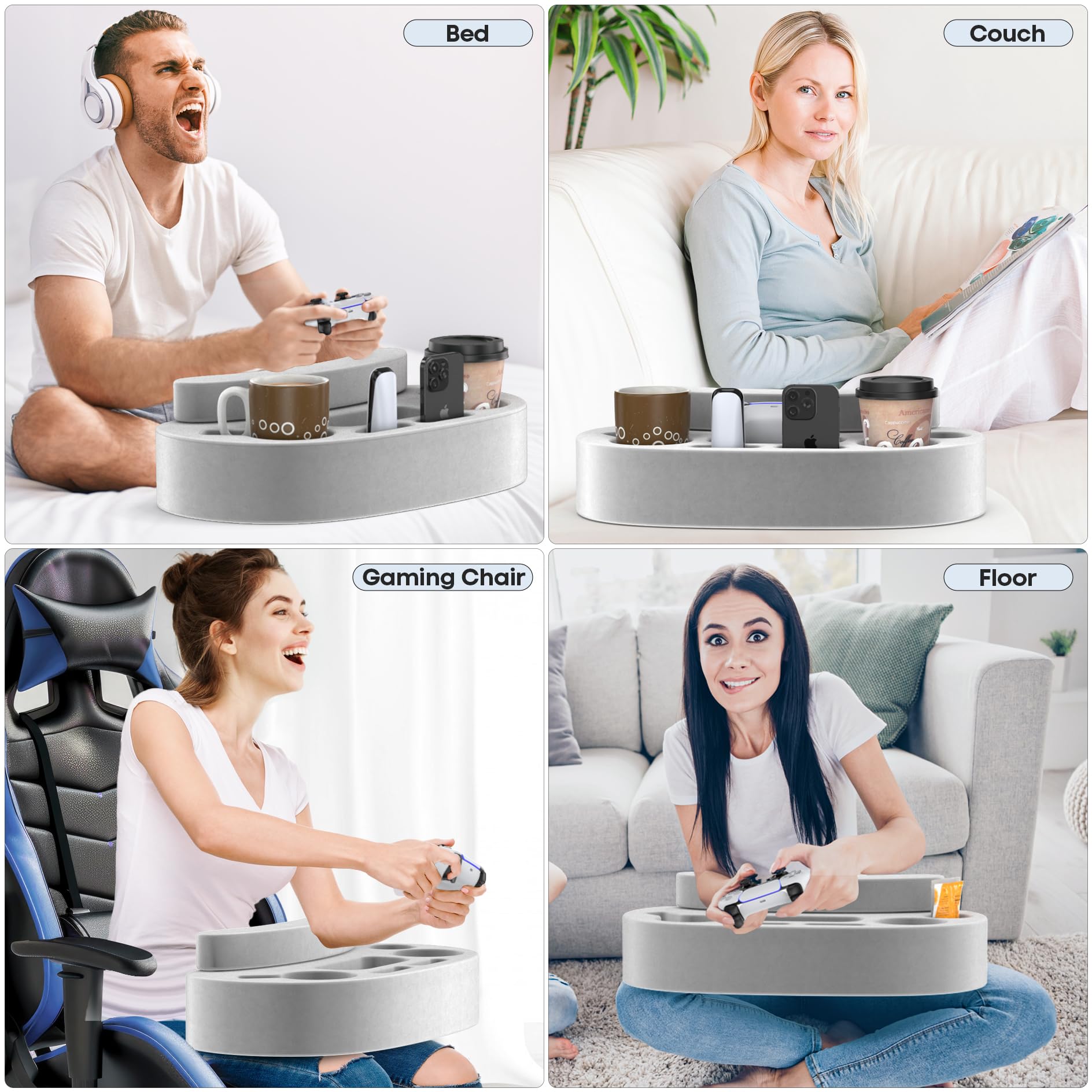 Couch Cup Holder Pillow with 6 Slots, Couch Organizer Caddy & Buddy with Customized Game Controller Hole & Armrest Pads, Removable & Washable Drink Pillow Gamer Gift for Remote, Phone, Snack